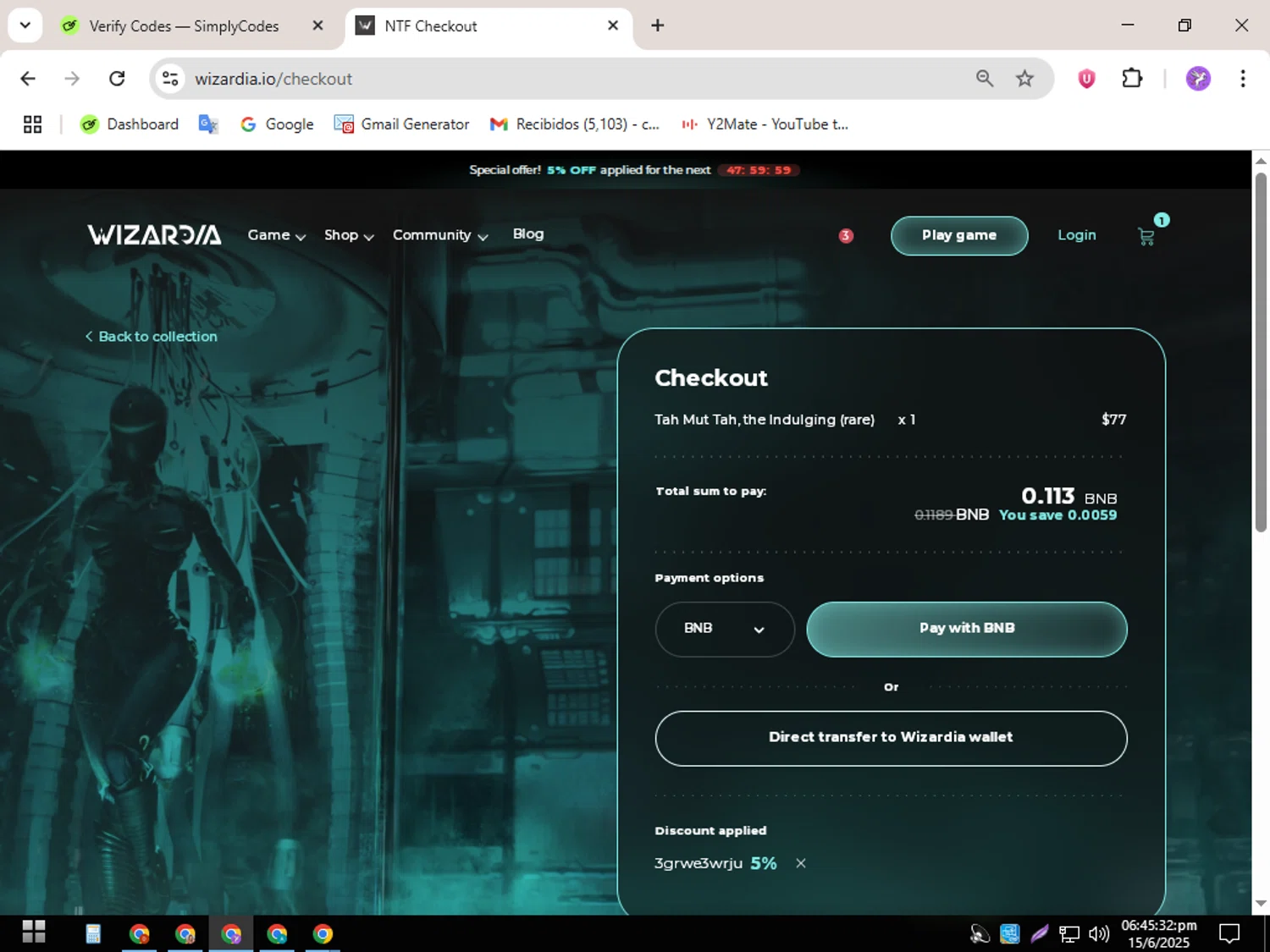 Wizardia promo code screenshot showing code 3grwe3wrju applied at Wizardia checkout page. Uploaded by SimplyCodes community member CouponSentinel5832 on Jun 15, 2025