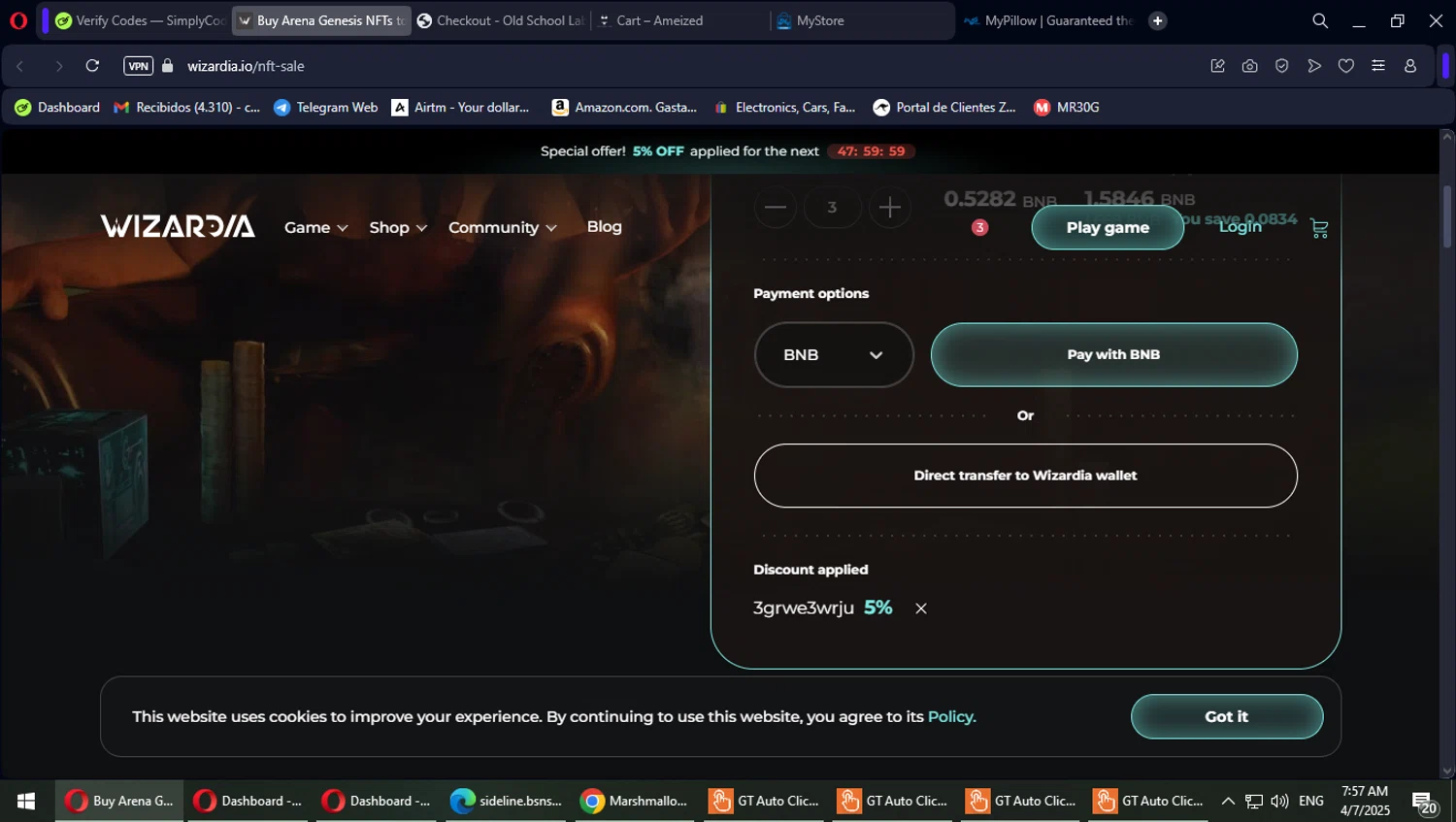 Wizardia promo code screenshot showing code 3grwe3wrju applied at Wizardia checkout page. Uploaded by SimplyCodes community member PokeGOAT on Apr 7, 2025
