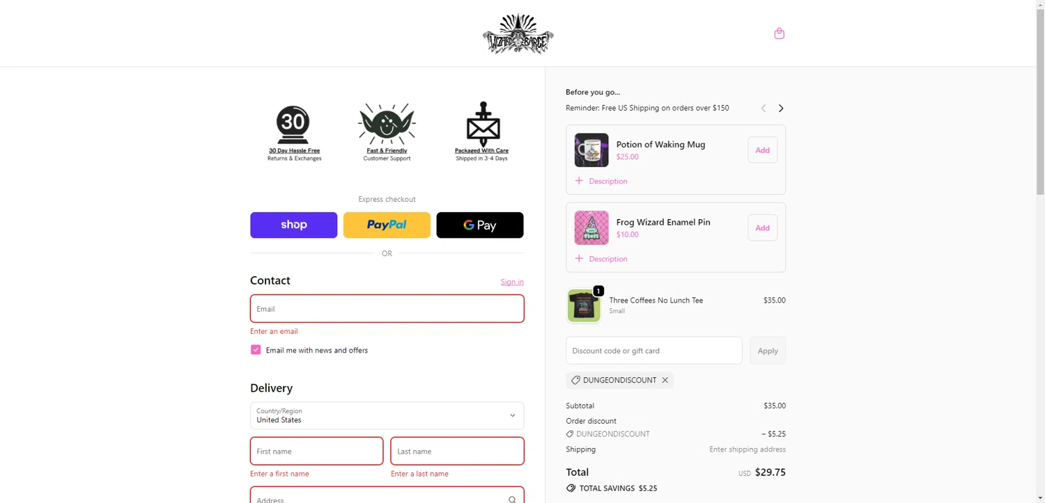 Wizard of Barge checkout page showing Wizard of Barge discount code box | Screenshot taken by SimplyCodes community member on Nov 29, 2025