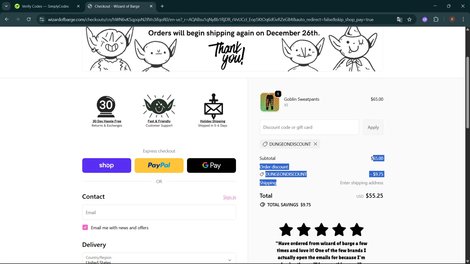 Wizard of Barge discount code screenshot showing code DUNGEONDISCOUNT applied at Wizard of Barge checkout page. Uploaded by SimplyCodes community member ShrewdPro2243 on Dec 27, 2025