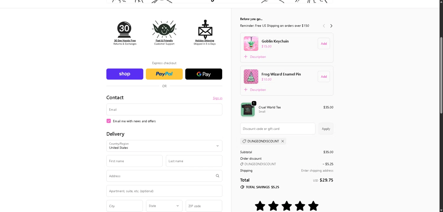 Wizard of Barge discount code screenshot showing code DUNGEONDISCOUNT applied at Wizard of Barge checkout page. Uploaded by SimplyCodes community member VoucherHero1009 on Dec 27, 2025