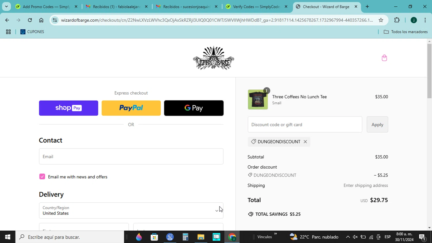 Wizard of Barge checkout page showing Wizard of Barge discount code box | Screenshot taken by SimplyCodes community member on Nov 30, 2024