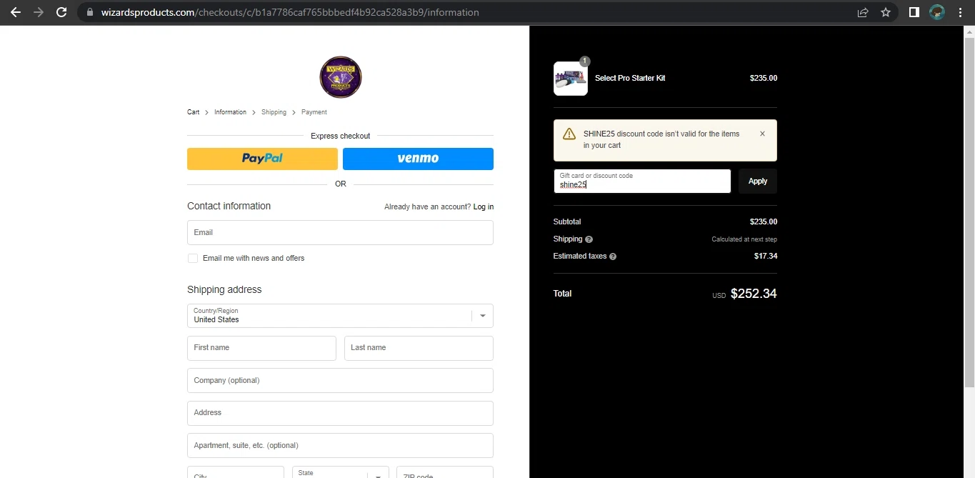 where to use Wizards Products promo code box
