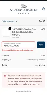 Wholesale Jewelry Website coupon verification screenshot