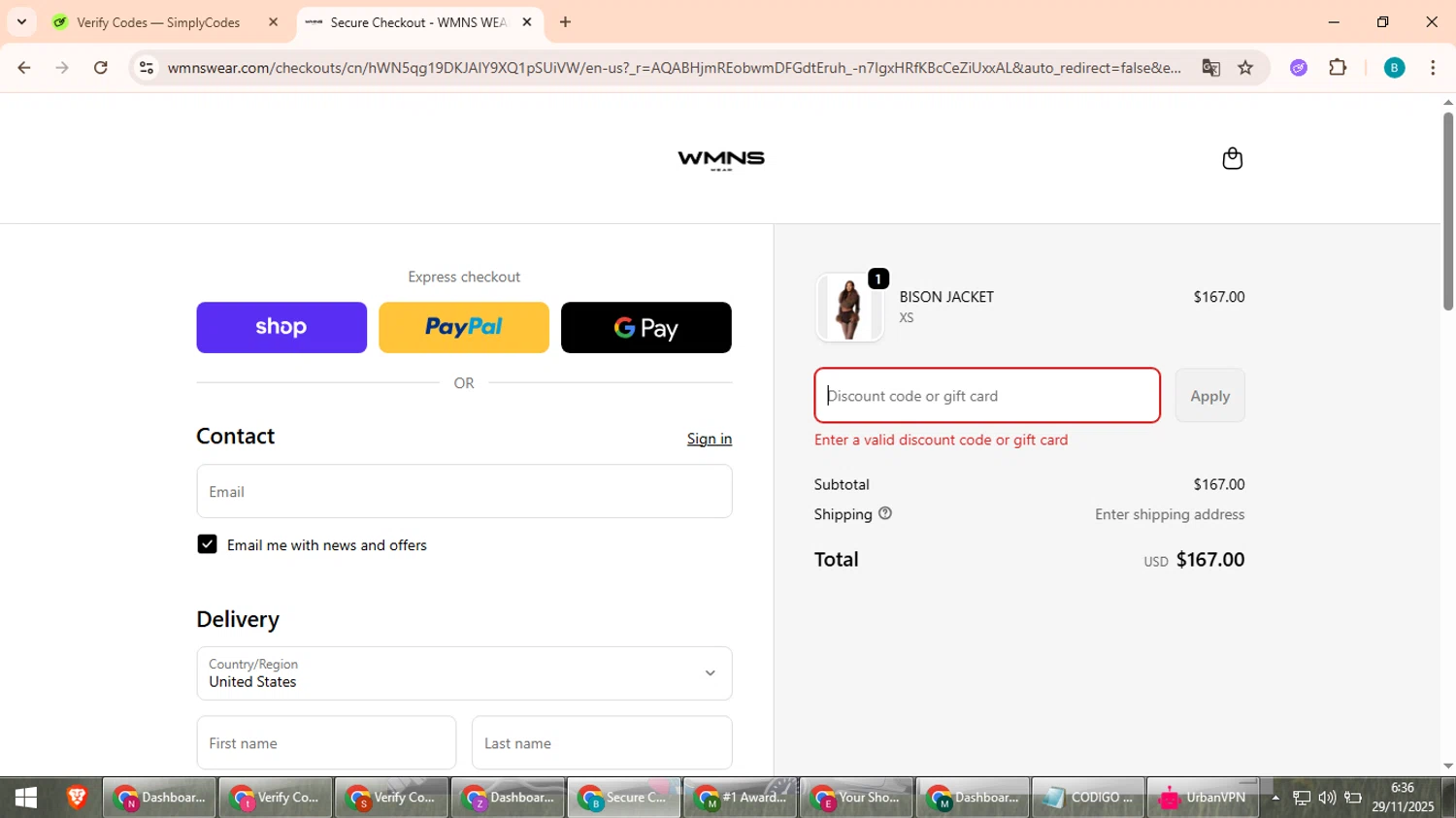 WMNS WEAR discount code screenshot showing code WMNS10 applied at WMNS WEAR checkout page. Uploaded by SimplyCodes community member QuestScholar5572 on Nov 29, 2025