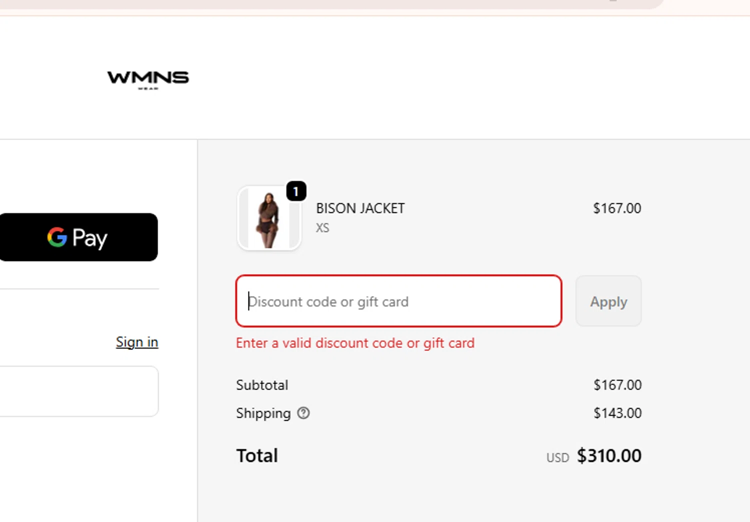 WMNS WEAR discount code screenshot showing code WMNS10 applied at WMNS WEAR checkout page. Uploaded by SimplyCodes community member RewardCurator5232 on Nov 29, 2025