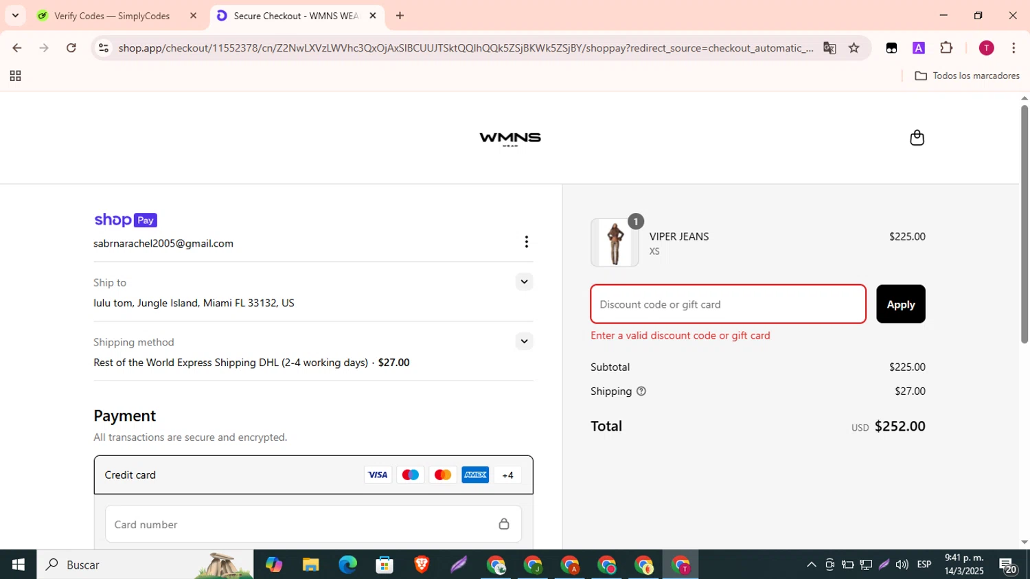 WMNS WEAR discount code screenshot showing code LOVERGIRL applied at WMNS WEAR checkout page. Uploaded by SimplyCodes community member SavvyLynx7166 on Mar 15, 2025