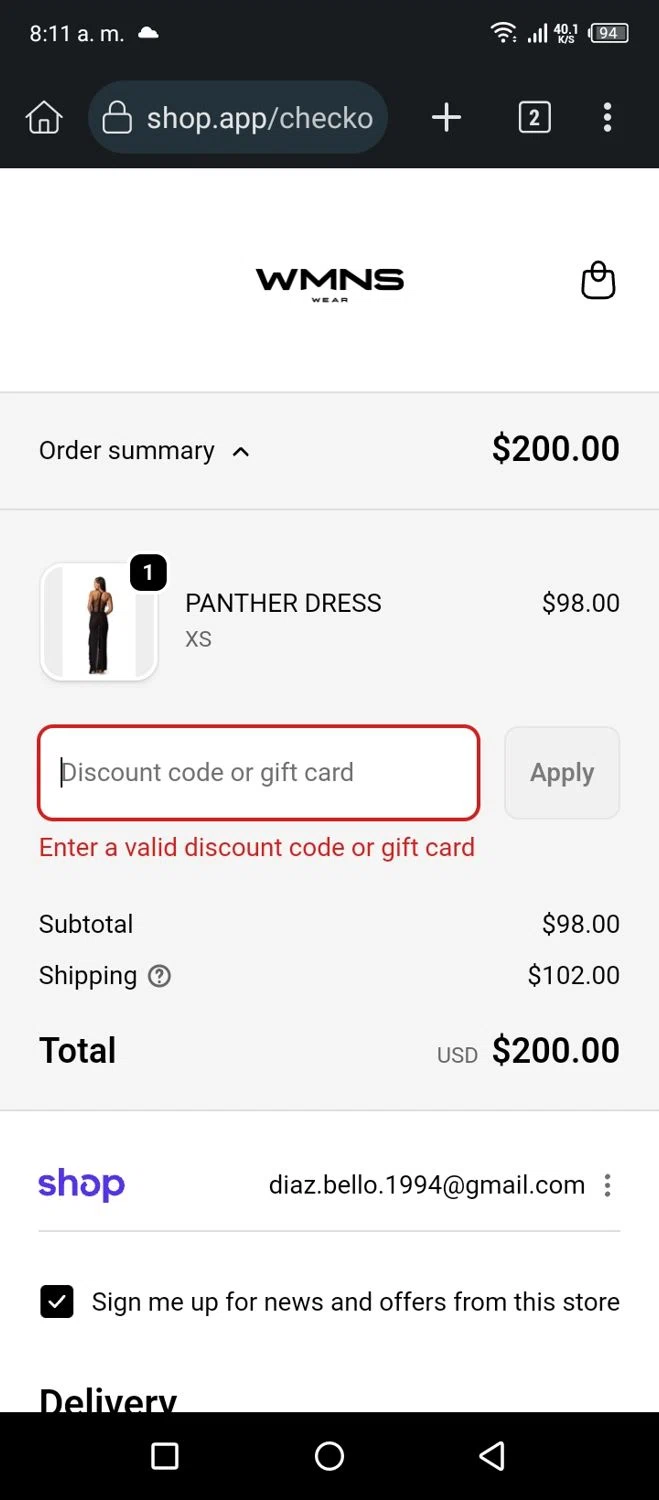 WMNS WEAR discount code screenshot showing code VIP15 applied at WMNS WEAR checkout page. Uploaded by SimplyCodes community member AnthonyGuapeton94 on Nov 29, 2025