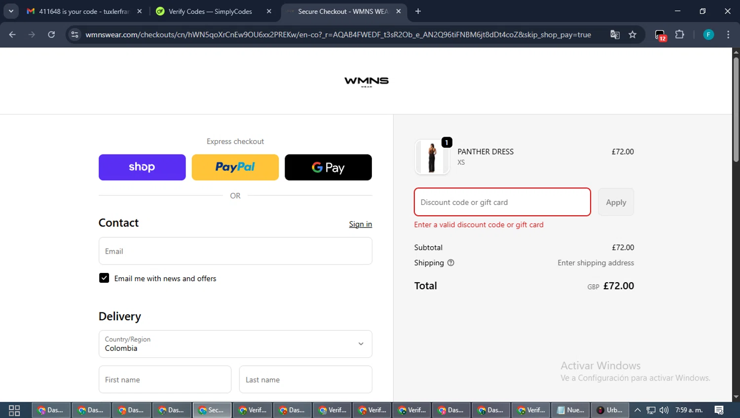 WMNS WEAR discount code screenshot showing code VIP15 applied at WMNS WEAR checkout page. Uploaded by SimplyCodes community member ShrewdTitan3233 on Nov 29, 2025