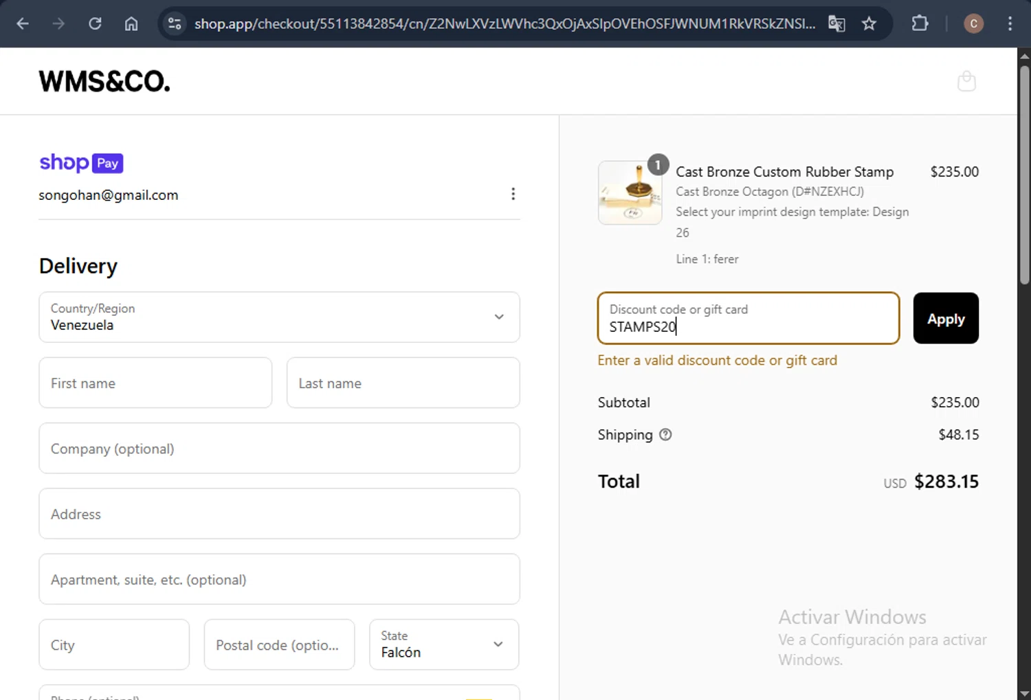 Wms&Co. promo code screenshot showing code STAMPS20 applied at Wms&Co. checkout page. Uploaded by SimplyCodes community member SwiftCaptain4127 on Jul 8, 2025