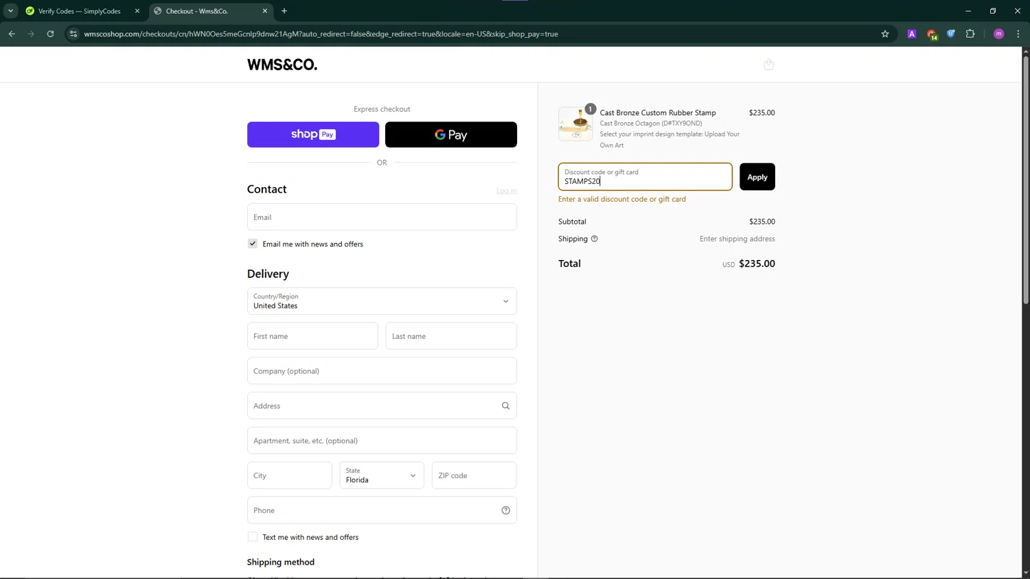 Wms&Co. promo code screenshot showing code STAMPS20 applied at Wms&Co. checkout page. Uploaded by SimplyCodes community member TokenChaser4876 on Jul 8, 2025