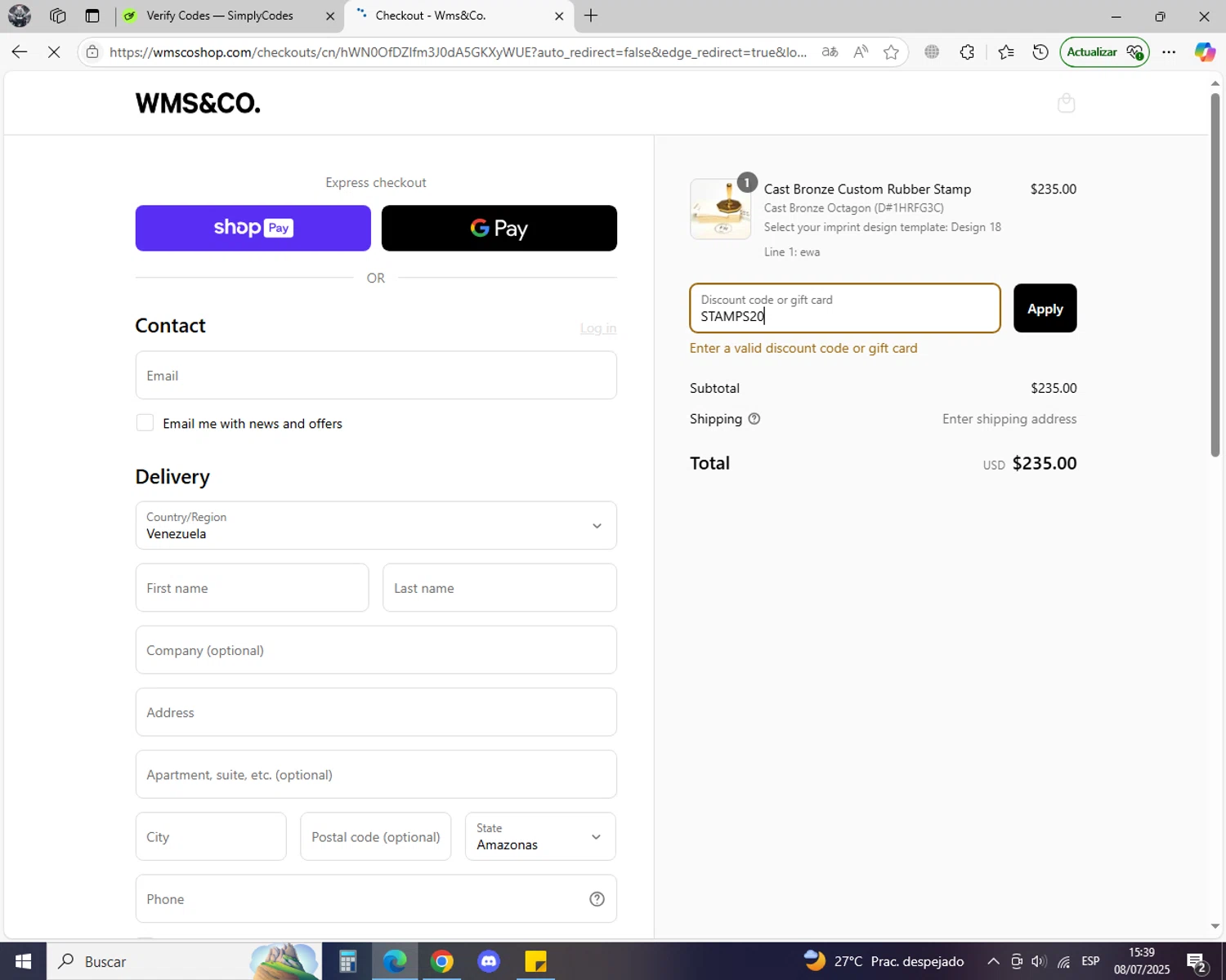 Wms&Co. promo code screenshot showing code STAMPS20 applied at Wms&Co. checkout page. Uploaded by SimplyCodes community member jechtff10 on Jul 8, 2025