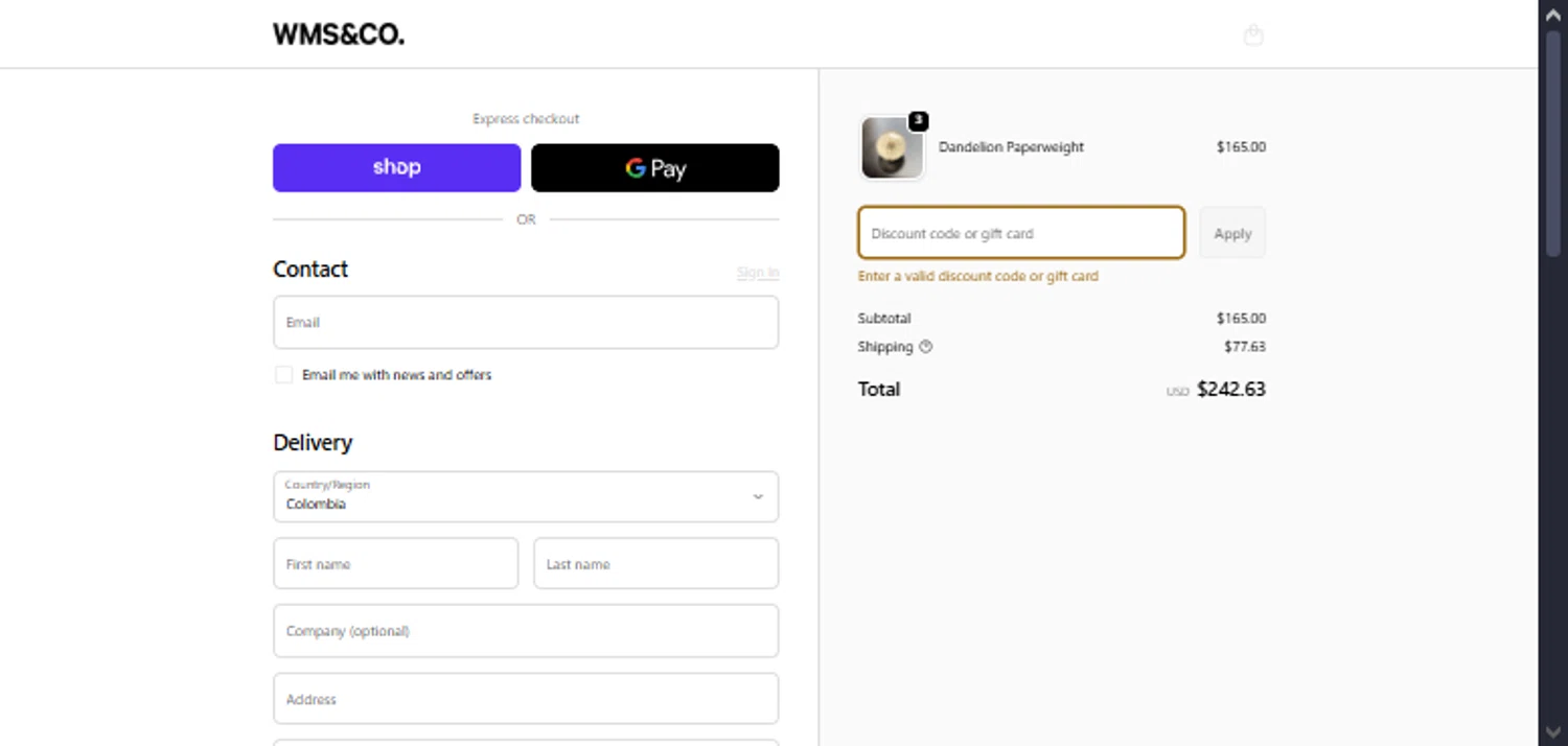 Wms&Co. promo code screenshot showing code ANALOG10 applied at Wms&Co. checkout page. Uploaded by SimplyCodes community member TraxoGamer on Dec 3, 2025