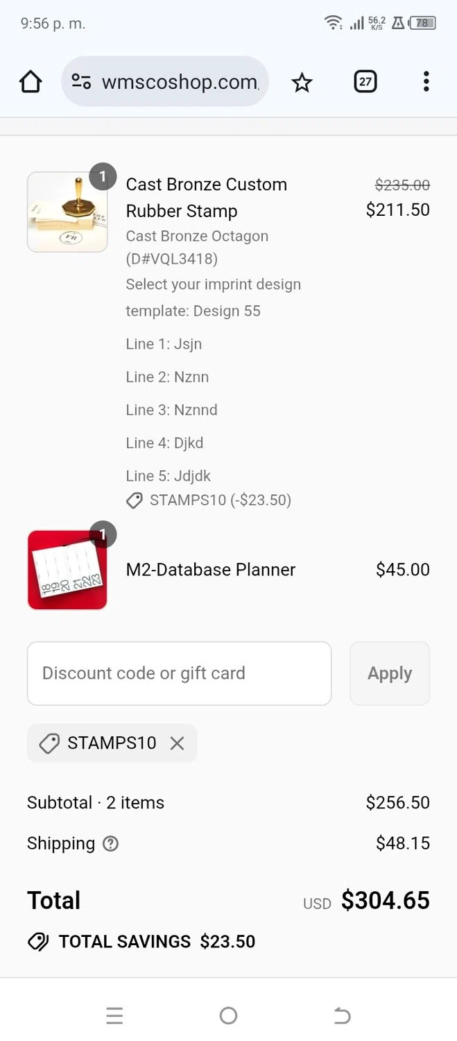 Wms&Co. promo code screenshot showing code STAMPS10 applied at Wms&Co. checkout page. Uploaded by SimplyCodes community member crischidy25 on Jul 13, 2025