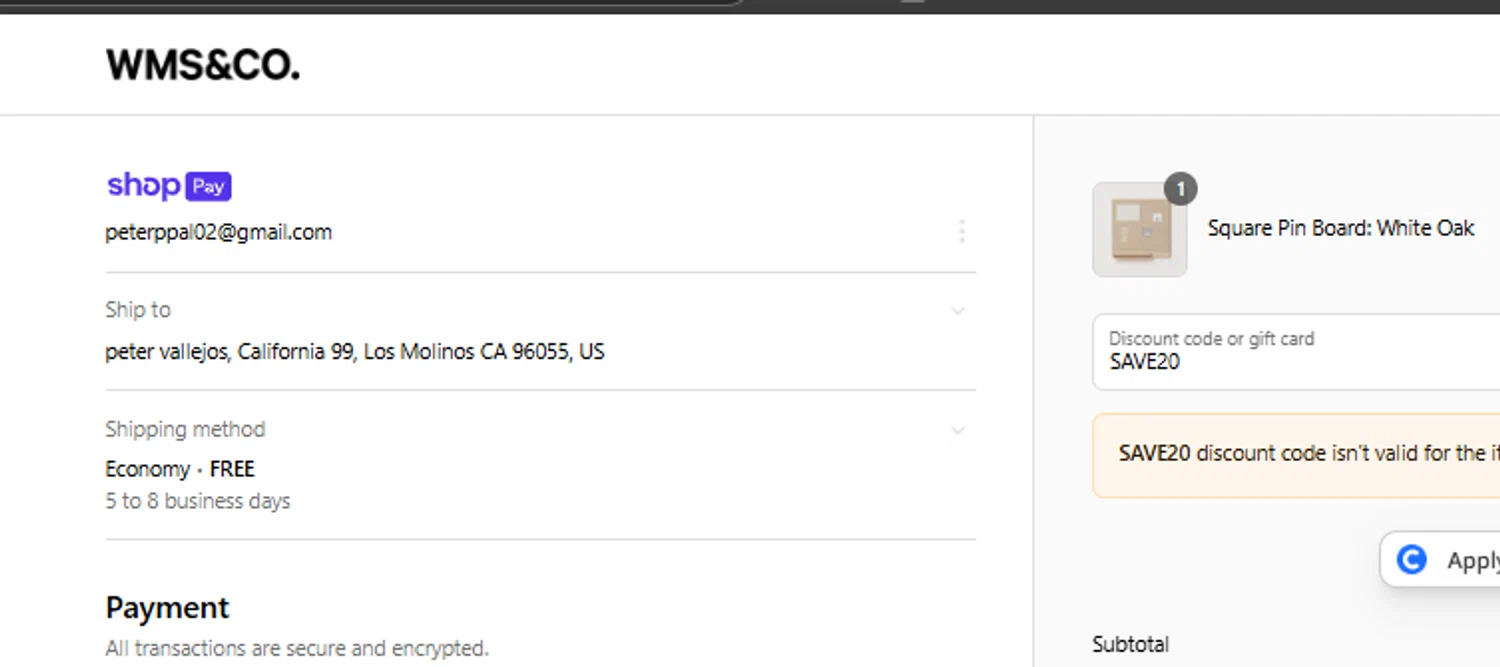 Wms&Co. promo code screenshot showing code SAVE20 applied at Wms&Co. checkout page. Uploaded by SimplyCodes community member ricardoramirez1 on Jun 10, 2025