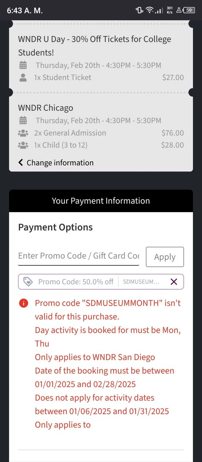 WNDR promo code screenshot showing code sdmuseummonth applied at WNDR checkout page. Uploaded by SimplyCodes community member BonusMonarch6039 on Feb 18, 2025