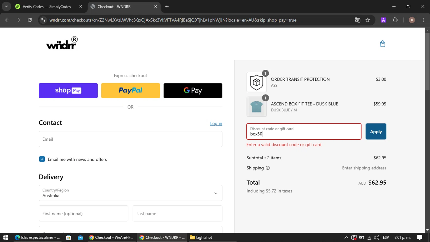 WNDRR discount code screenshot showing code box30 applied at WNDRR checkout page. Uploaded by SimplyCodes community member VoucherRanger901 on Dec 29, 2024