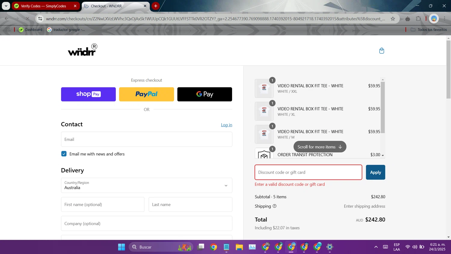 WNDRR discount code screenshot showing code box30 applied at WNDRR checkout page. Uploaded by SimplyCodes community member RoyalWizard9134 on Feb 24, 2025