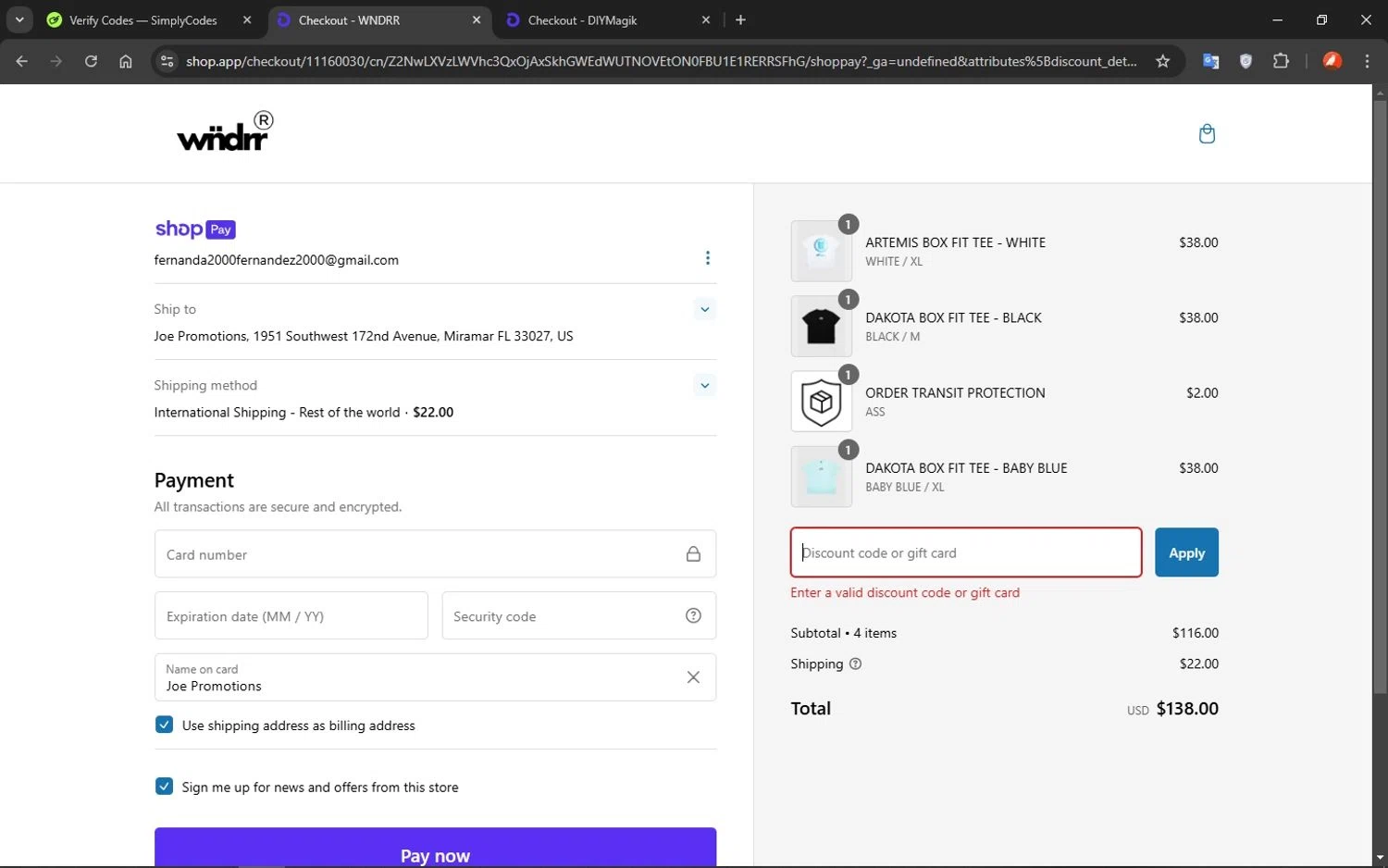 WNDRR discount code screenshot showing code FRENZY30 applied at WNDRR checkout page. Uploaded by SimplyCodes community member VoucherShopper1452 on Jan 13, 2025