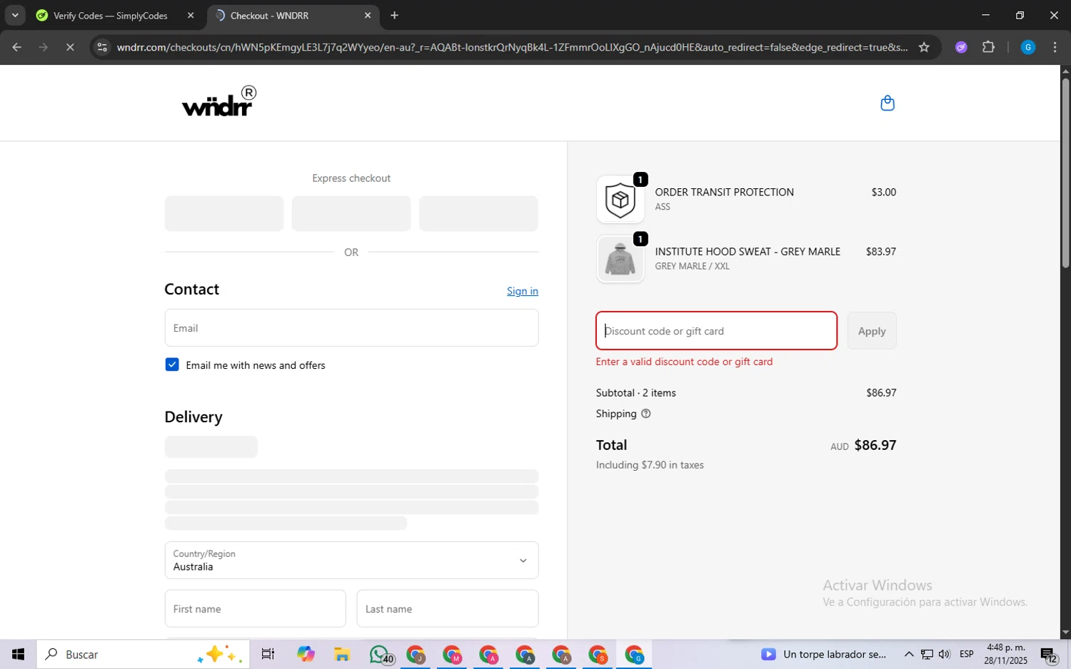 WNDRR discount code screenshot showing code CART20 applied at WNDRR checkout page. Uploaded by SimplyCodes community member FrugalLynx8088 on Nov 28, 2025