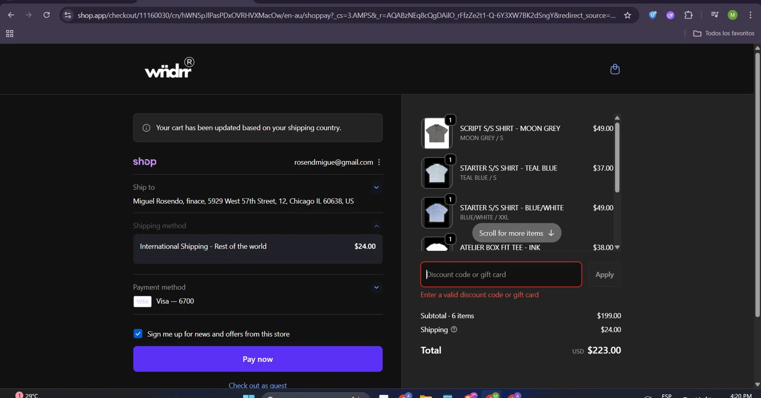 WNDRR discount code screenshot showing code CART20 applied at WNDRR checkout page. Uploaded by SimplyCodes community member ScanHunter7116 on Nov 28, 2025