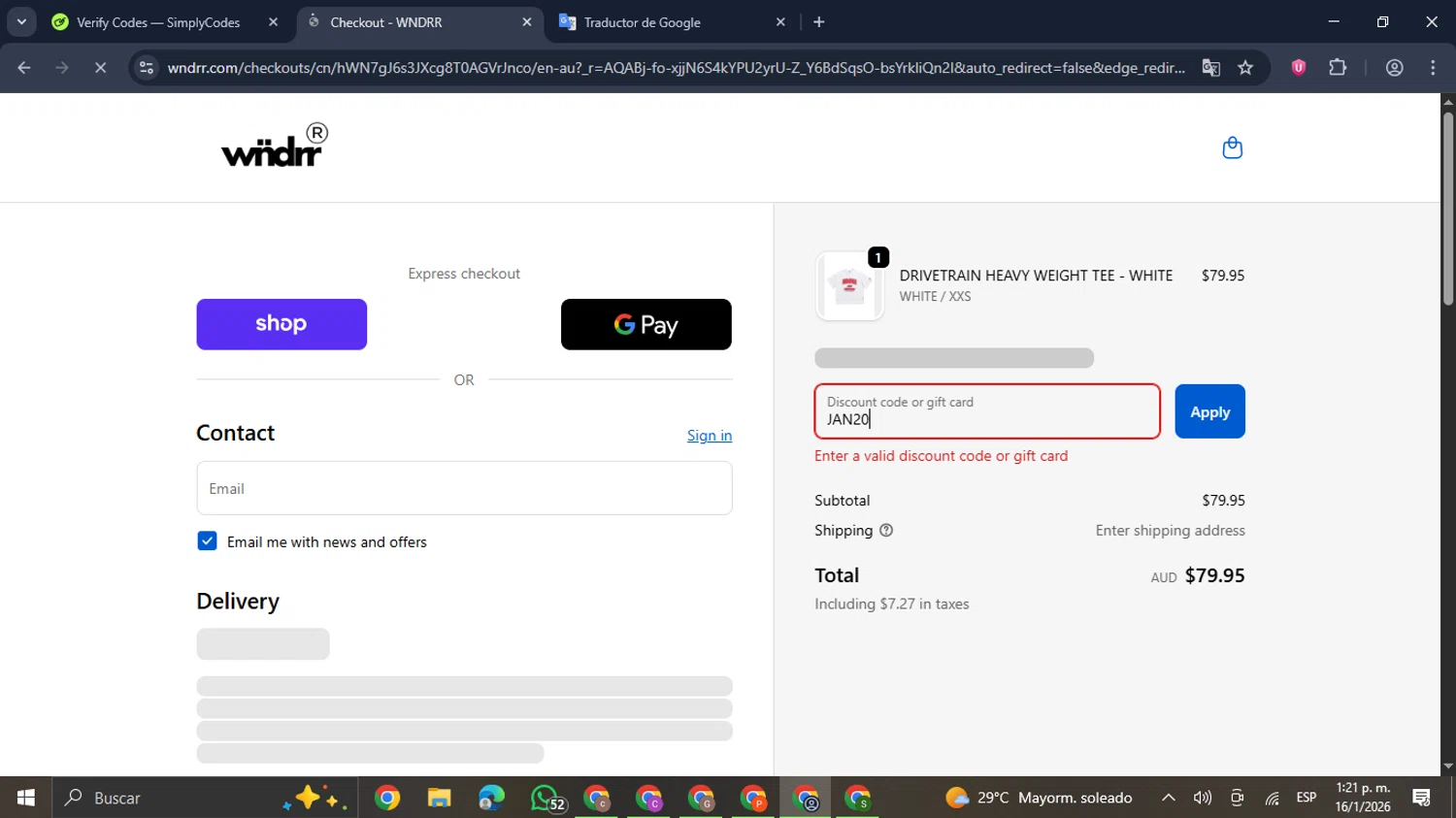 WNDRR discount code screenshot showing code JAN20 applied at WNDRR checkout page. Uploaded by SimplyCodes community member GloriousDefender7889 on Jan 16, 2026