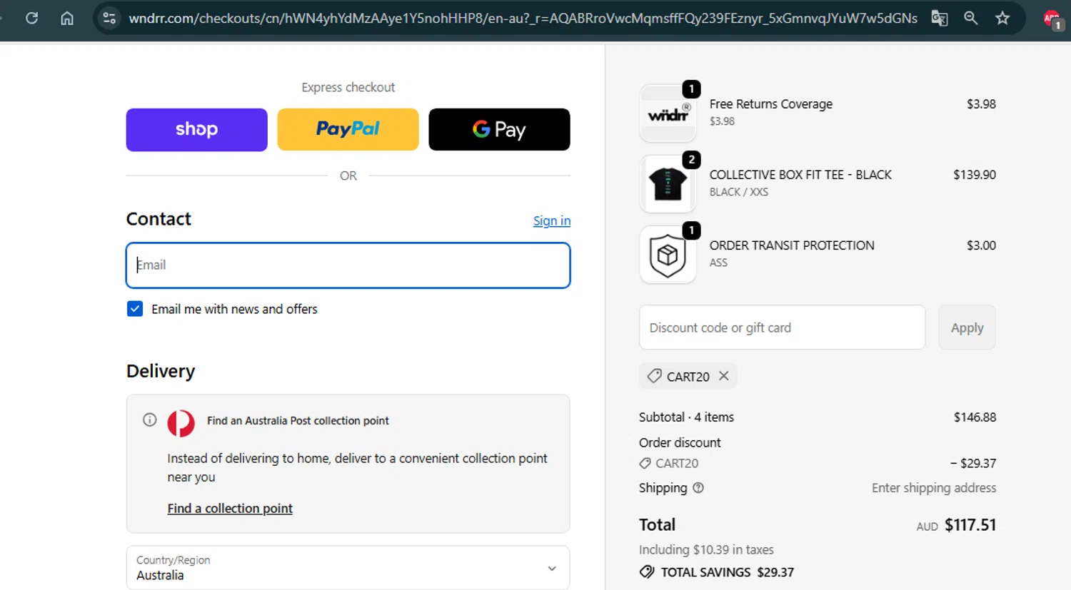 WNDRR discount code screenshot showing code CART20 applied at WNDRR checkout page. Uploaded by SimplyCodes community member Jhonny on Nov 6, 2025