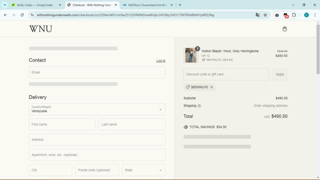 With Nothing Underneath checkout page showing With Nothing Underneath discount code box | Screenshot taken by SimplyCodes community member on Feb 10, 2025