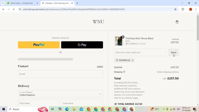 With Nothing Underneath checkout page showing With Nothing Underneath discount code box | Screenshot taken by SimplyCodes community member on Oct 17, 2024