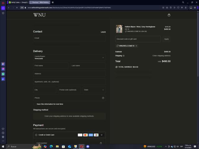 With Nothing Underneath checkout page showing With Nothing Underneath discount code box | Screenshot taken by SimplyCodes community member on Mar 27, 2025