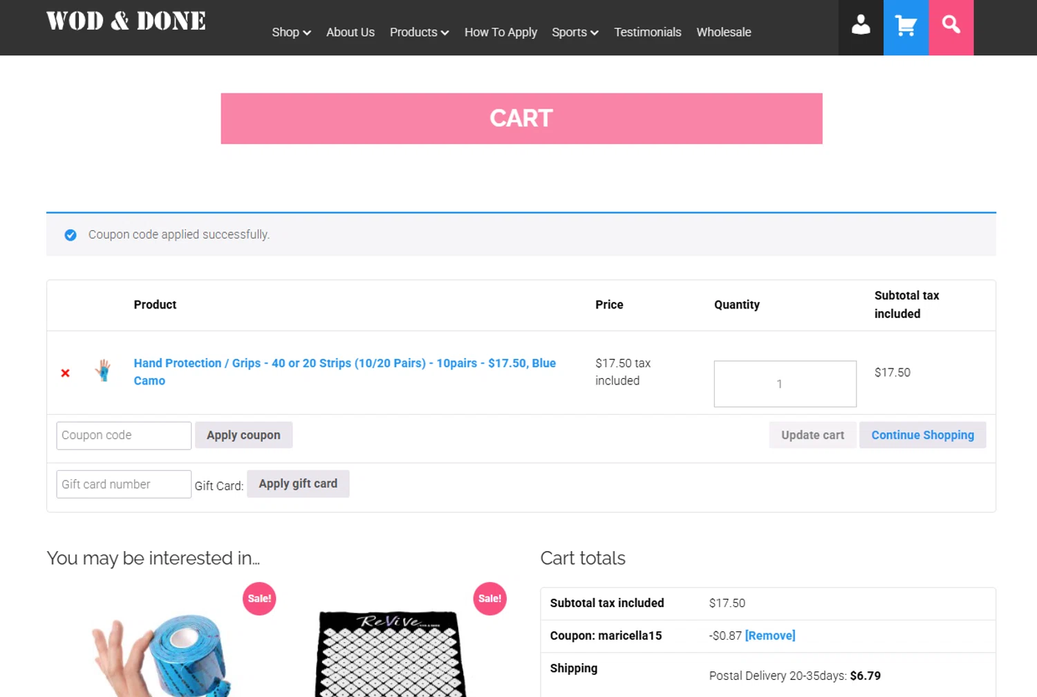 Wod & Done coupon code screenshot showing code MARICELLA15 applied at Wod & Done checkout page. Uploaded by SimplyCodes community member MagnificentSaver708 on Mar 27, 2025