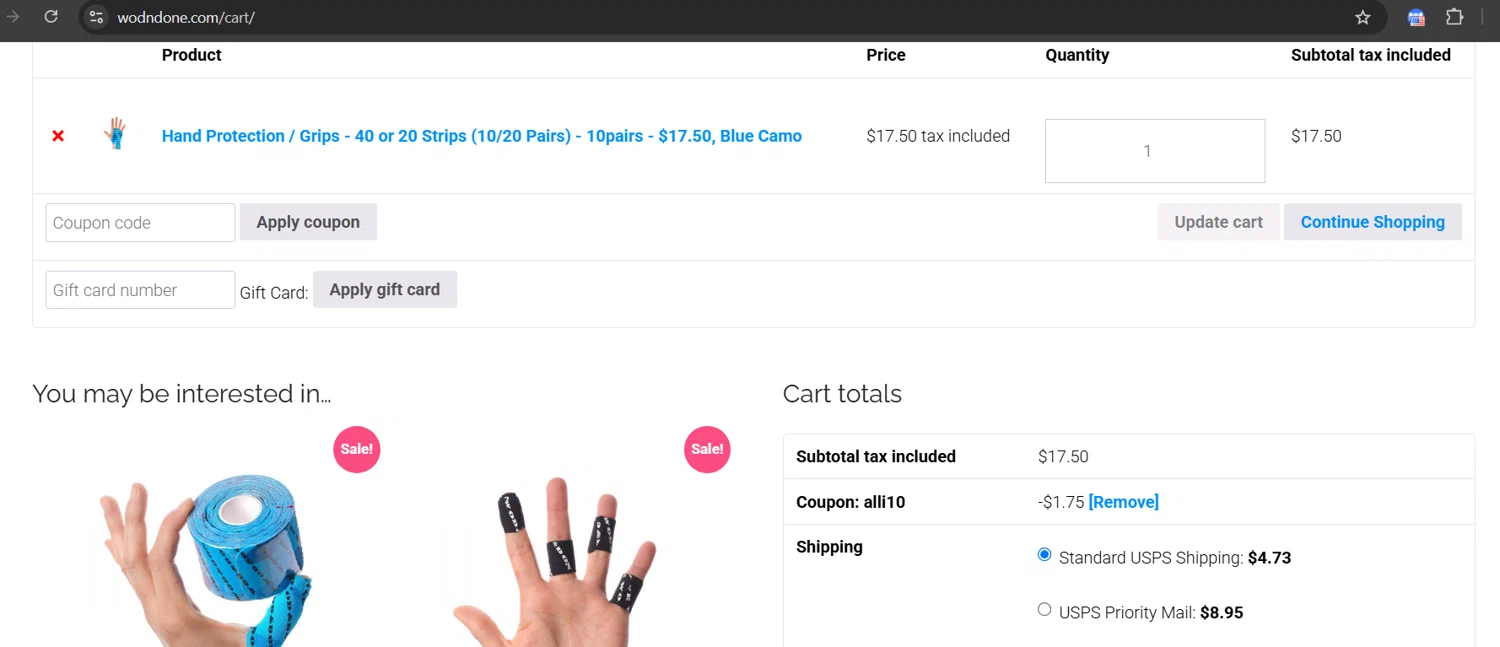Wod & Done coupon code screenshot showing code Alli10 applied at Wod & Done checkout page. Uploaded by SimplyCodes community member RichterBelmont on Apr 23, 2025