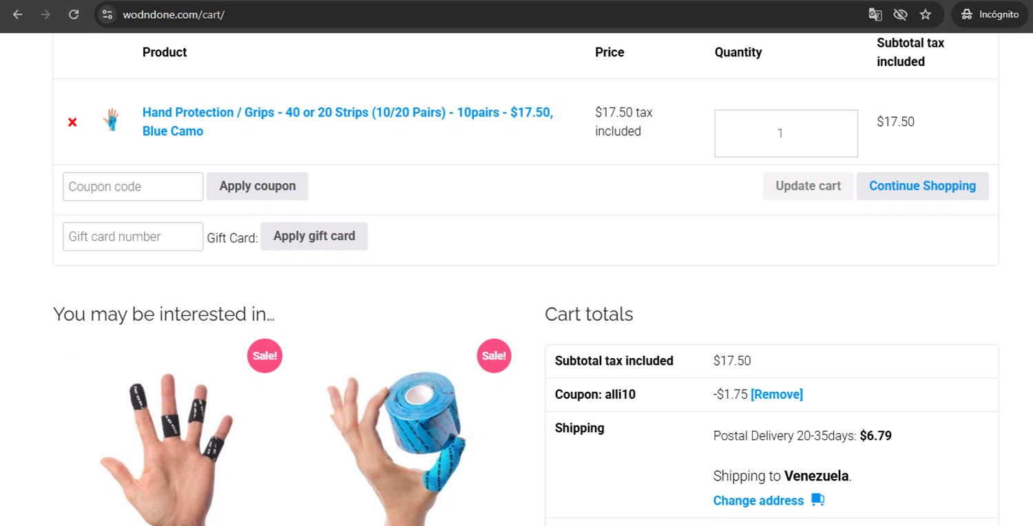 Wod & Done coupon code screenshot showing code Alli10 applied at Wod & Done checkout page. Uploaded by SimplyCodes community member UchihaMadara on May 22, 2025