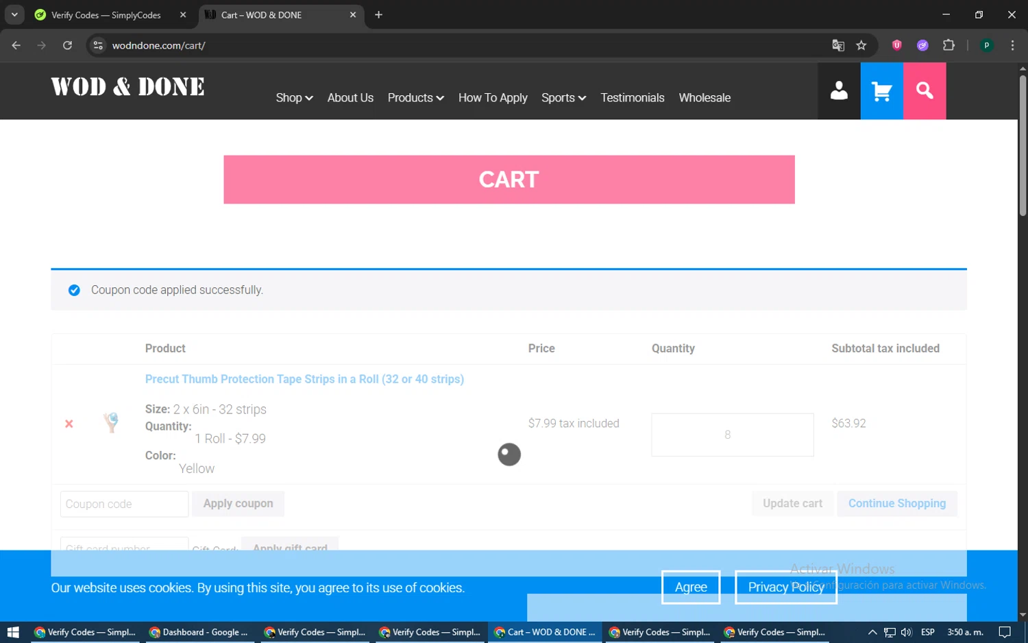 Wod & Done coupon code screenshot showing code NICHOLSON applied at Wod & Done checkout page. Uploaded by SimplyCodes community member LegendaryWarden2503 on Jun 16, 2025