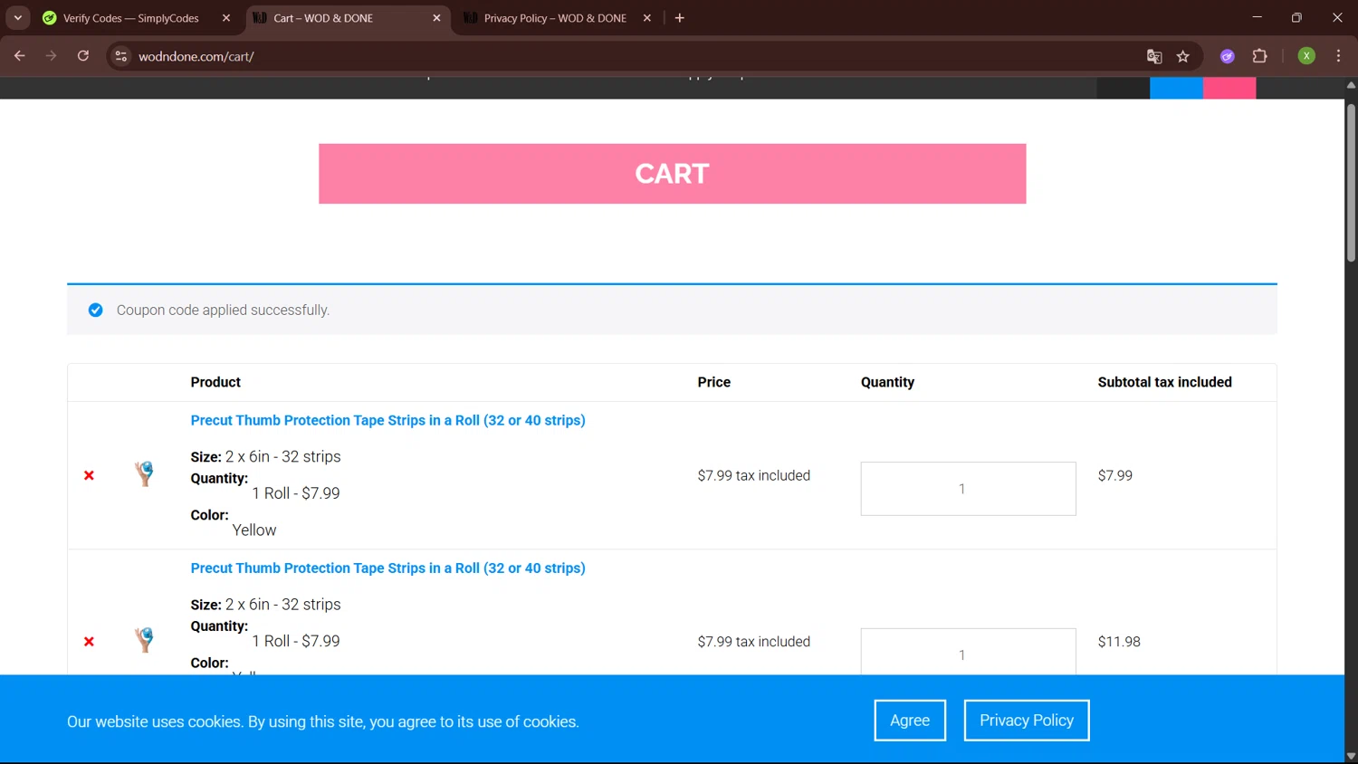 Wod & Done coupon code screenshot showing code NICHOLSON applied at Wod & Done checkout page. Uploaded by SimplyCodes community member SaleTiger1087 on Jun 9, 2025