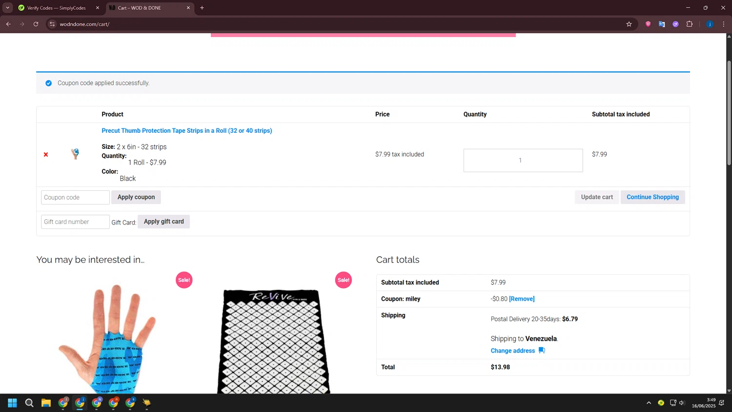 Wod & Done coupon code screenshot showing code Miley applied at Wod & Done checkout page. Uploaded by SimplyCodes community member CashLegend3767 on Jun 16, 2025