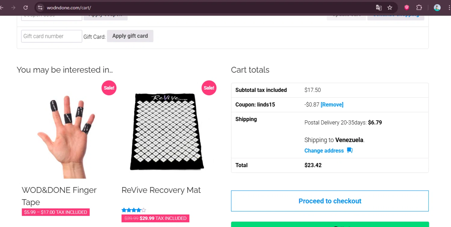 Wod & Done checkout page showing Wod & Done coupon code box | Screenshot taken by SimplyCodes community member on Feb 11, 2026