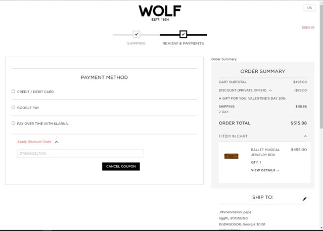 WOLF checkout page showing WOLF discount code box | Screenshot taken by SimplyCodes community member on Jan 31, 2025