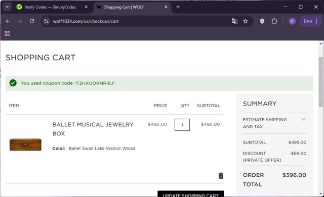 WOLF checkout page showing WOLF discount code box | Screenshot taken by SimplyCodes community member on Jan 31, 2025