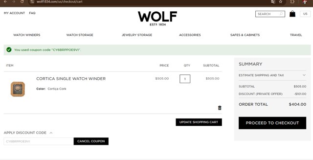 WOLF checkout page showing WOLF discount code box | Screenshot taken by SimplyCodes community member on Jan 31, 2025
