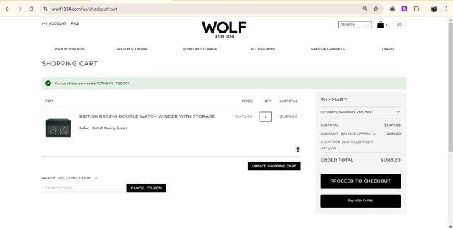 WOLF checkout page showing WOLF discount code box | Screenshot taken by SimplyCodes community member on Feb 7, 2025