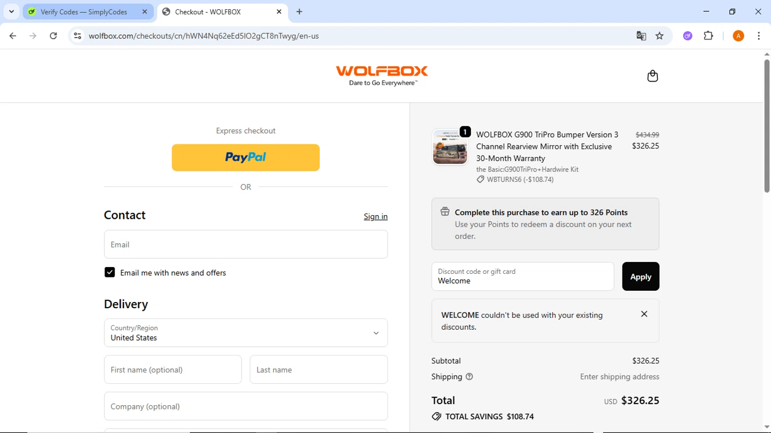 Wolfbox discount code screenshot showing code Welcome applied at Wolfbox checkout page. Uploaded by SimplyCodes community member ThriftyMaverick437 on Oct 21, 2025