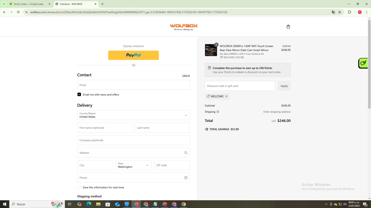 Wolfbox discount code screenshot showing code Welcome applied at Wolfbox checkout page. Uploaded by SimplyCodes community member MightyGuardian8404 on Jan 23, 2025