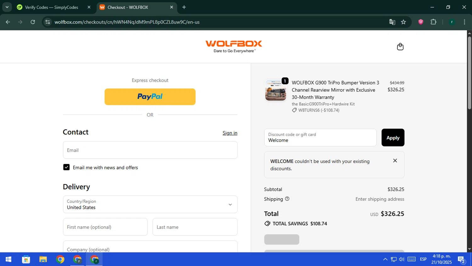 Wolfbox discount code screenshot showing code Welcome applied at Wolfbox checkout page. Uploaded by SimplyCodes community member rodri1 on Oct 21, 2025
