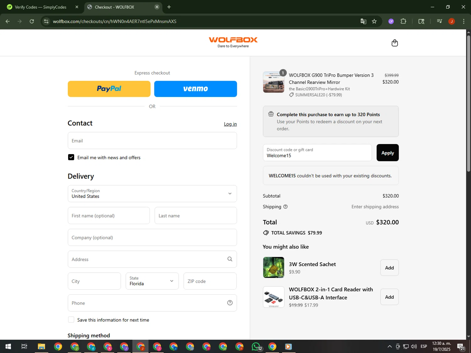 Wolfbox discount code screenshot showing code Welcome15 applied at Wolfbox checkout page. Uploaded by SimplyCodes community member KimDokja on Jul 19, 2025