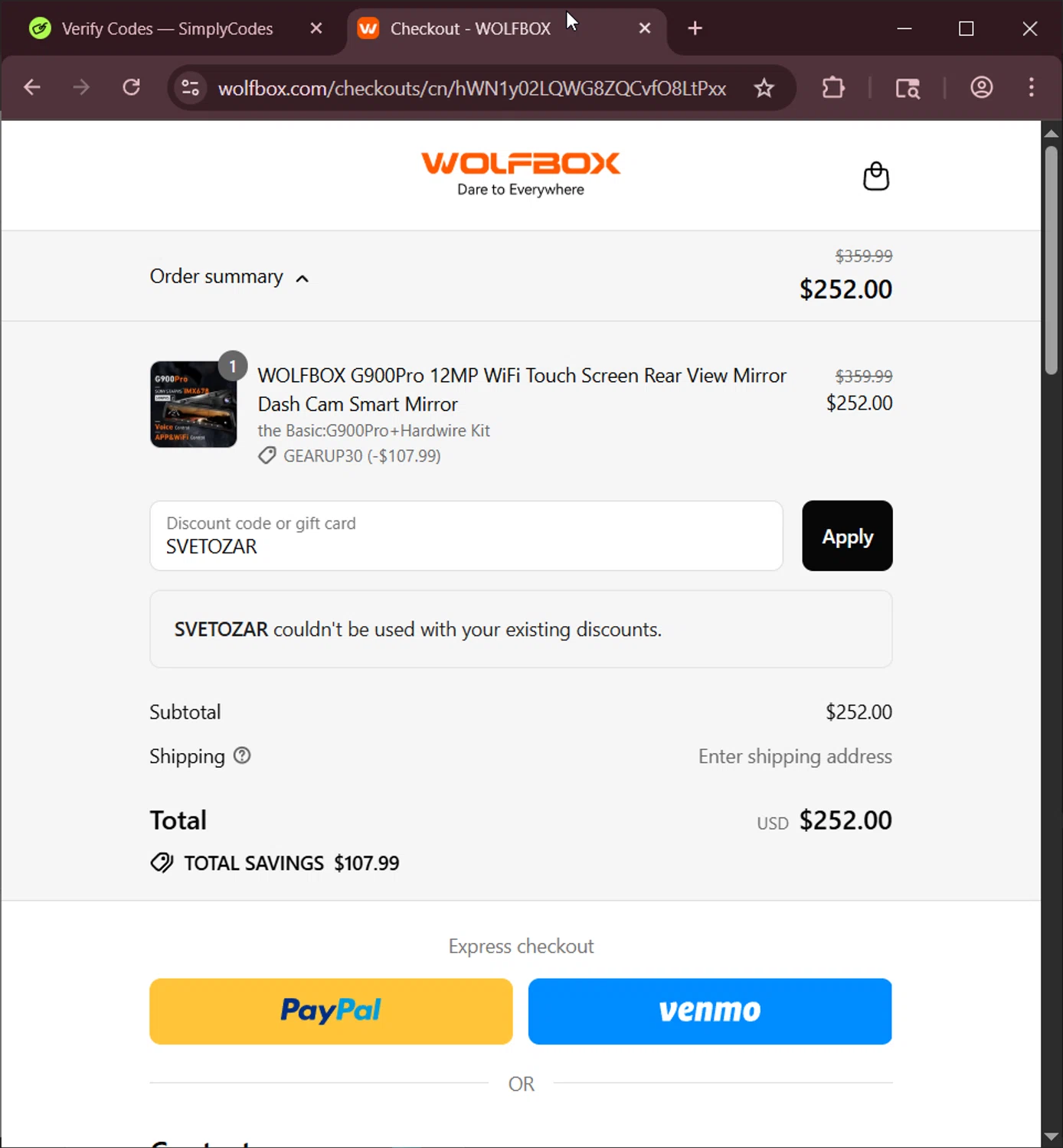 Wolfbox discount code screenshot showing code SVETOZAR applied at Wolfbox checkout page. Uploaded by SimplyCodes community member LuckyNavigator1490 on Aug 19, 2025