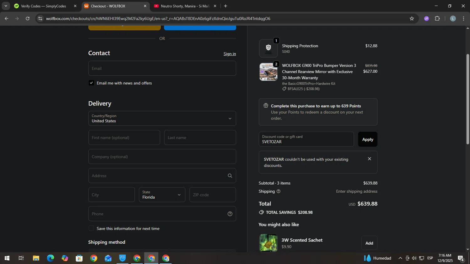 Wolfbox discount code screenshot showing code SVETOZAR applied at Wolfbox checkout page. Uploaded by SimplyCodes community member USERR1 on Dec 9, 2025