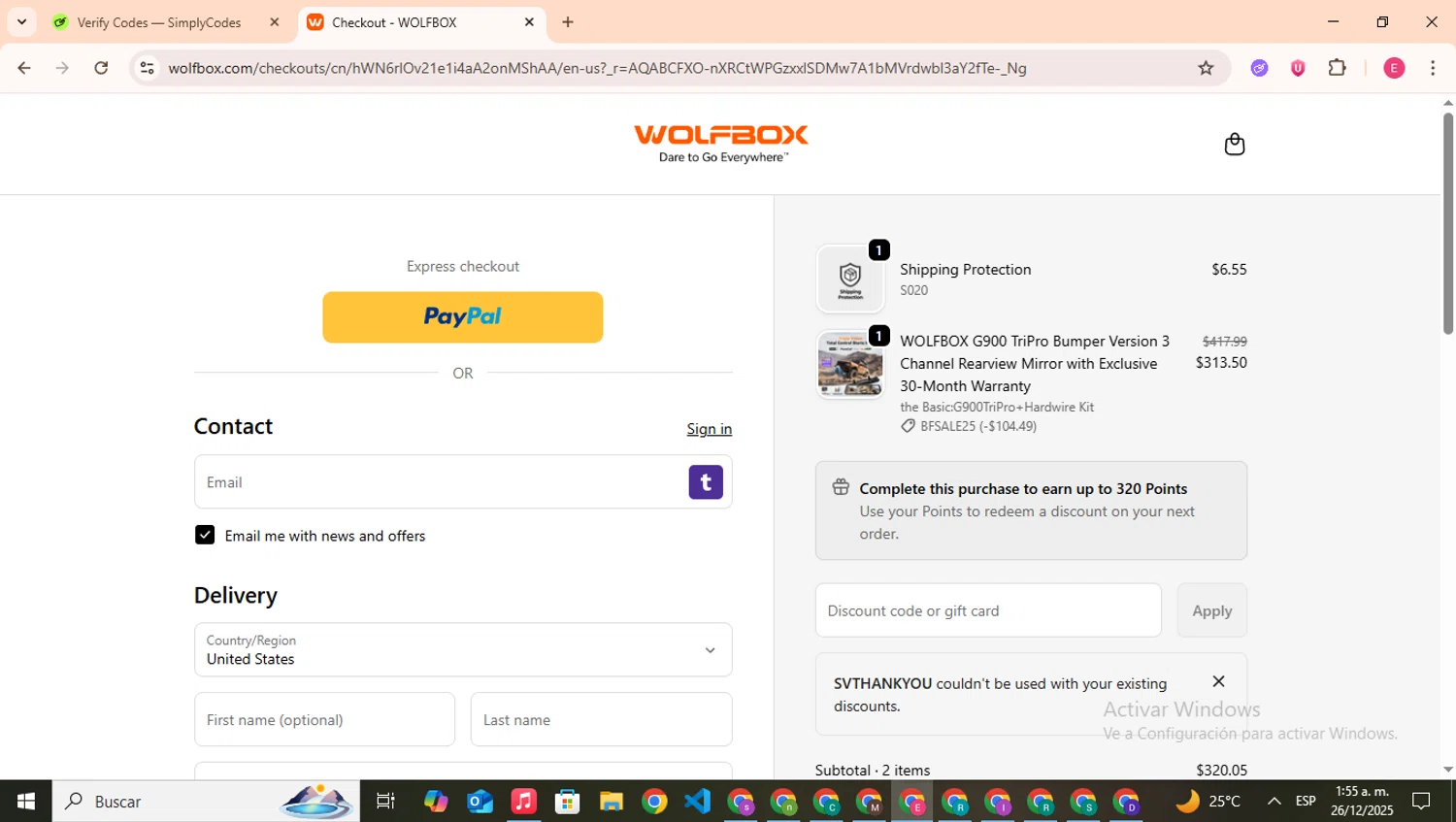 Wolfbox discount code screenshot showing code SVTHANKYOU applied at Wolfbox checkout page. Uploaded by SimplyCodes community member CouponHero7312 on Dec 26, 2025