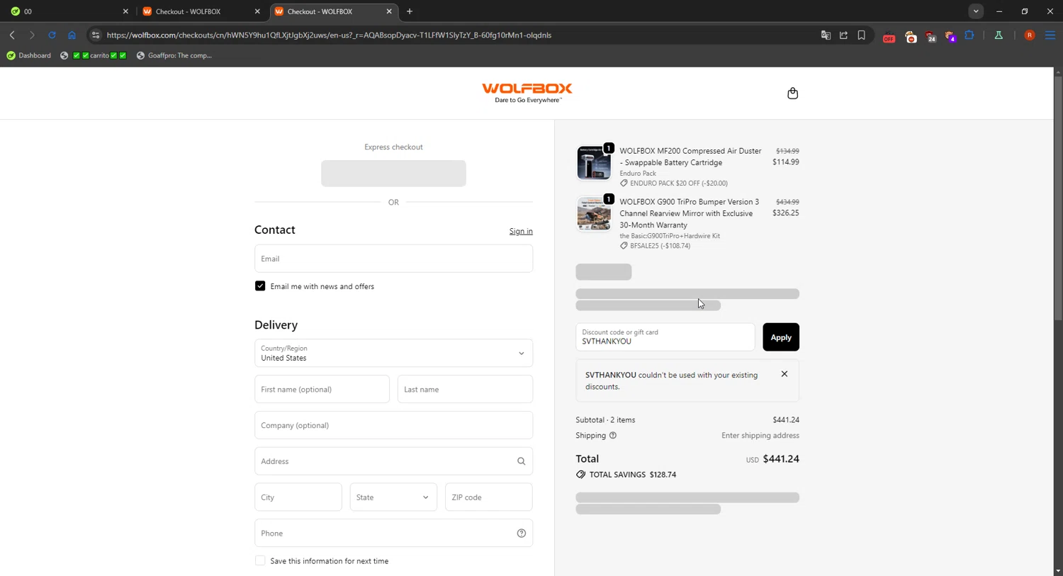 Wolfbox discount code screenshot showing code SVTHANKYOU applied at Wolfbox checkout page. Uploaded by SimplyCodes community member SavvyFinder1532 on Nov 21, 2025