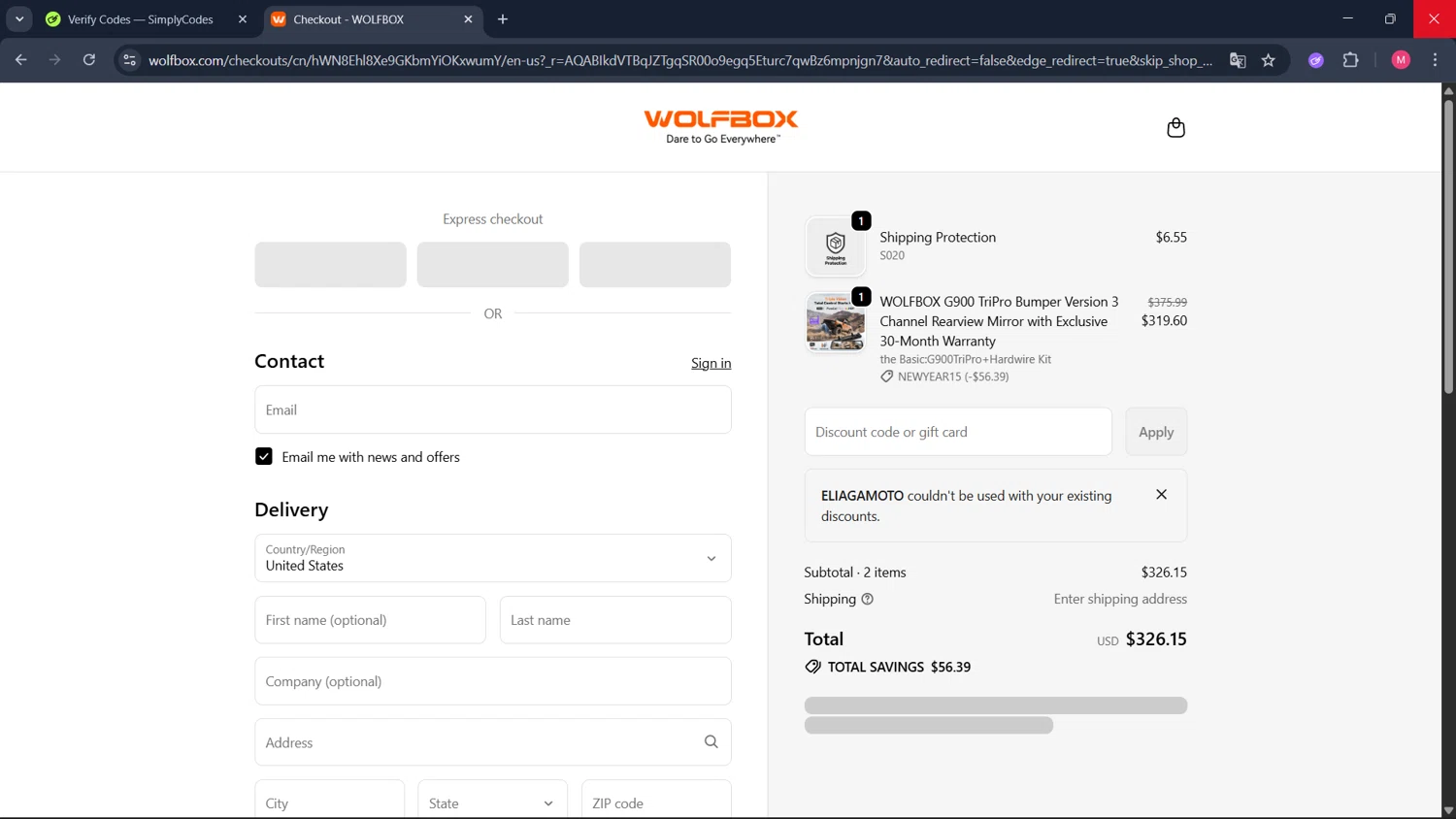 Wolfbox promo code screenshot showing code ELIAGAMOTO applied at Wolfbox checkout page. Uploaded by SimplyCodes community member ValueCollector4159 on Jan 31, 2026